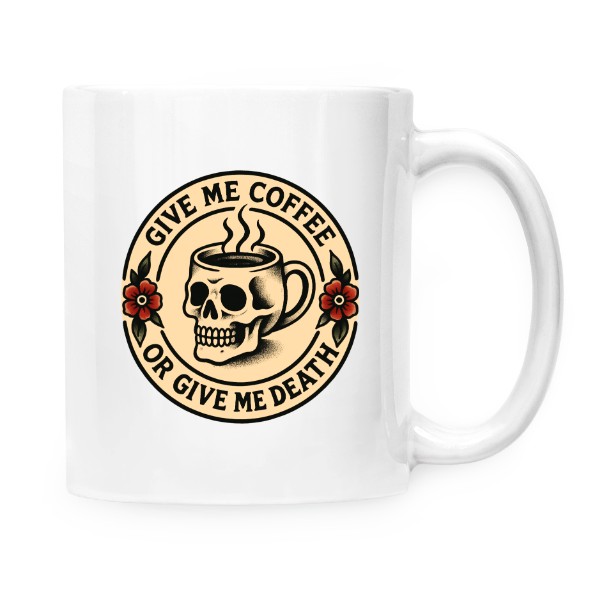 Hrnek malý bílý s potiskem Coffee or Death
