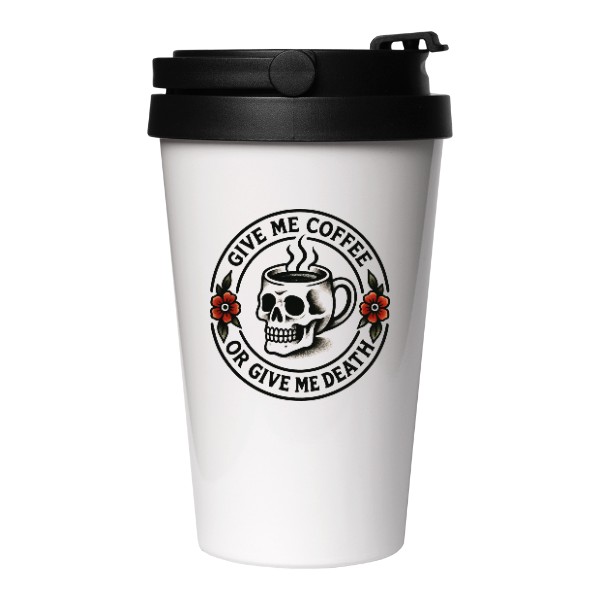 Cestovní nerezový hrnek s potiskem Coffee or Death